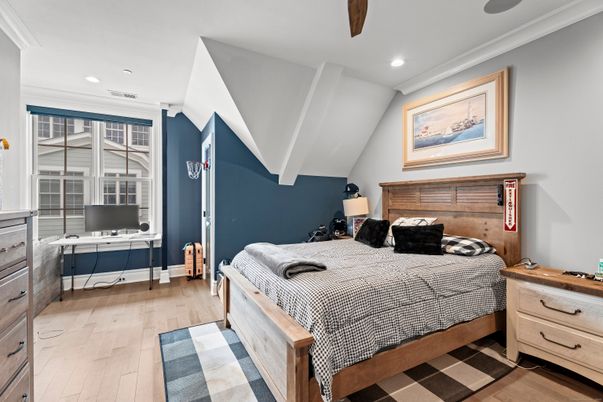 Bedroom, Interior, Recessed Lighting, Wood Texture Flooring