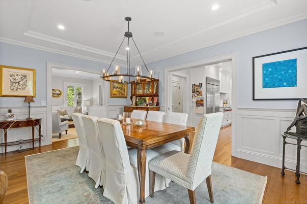 Chandelier, Dining room, Interior, Kitchen, Living room, Pendant Lights, Recessed Lighting, Wood Texture Flooring