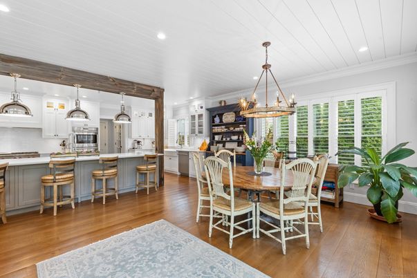 Dining room, Interior, Kitchen, Pendant Lights, Recessed Lighting, Stainless Steel Appliances, Wood Texture Flooring