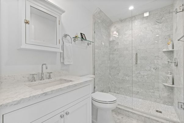 Bathroom, Glass Shower, Interior, Marble, Marble Walls, Recessed Lighting
