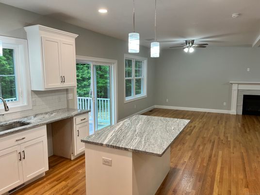 Fireplace, Interior, Kitchen, Pendant Lights, Recessed Lighting, Wood Texture Flooring