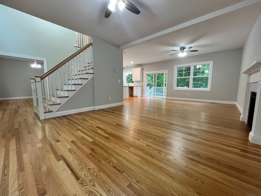 Empty room, Fireplace, Interior, Recessed Lighting, Wood Texture Flooring