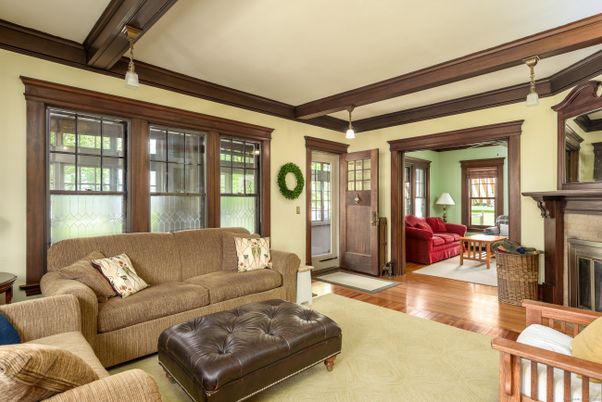 Fireplace, Interior, Living room, Pendant Lights, Wood Texture Flooring