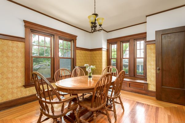 Dining room, Interior, Pendant Lights, Wood Texture Flooring