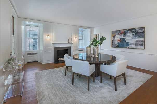 Dining room, Fireplace, Interior, Wood Texture Flooring