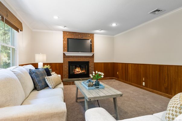 Fireplace, Interior, Living room, Recessed Lighting, Stone Walls