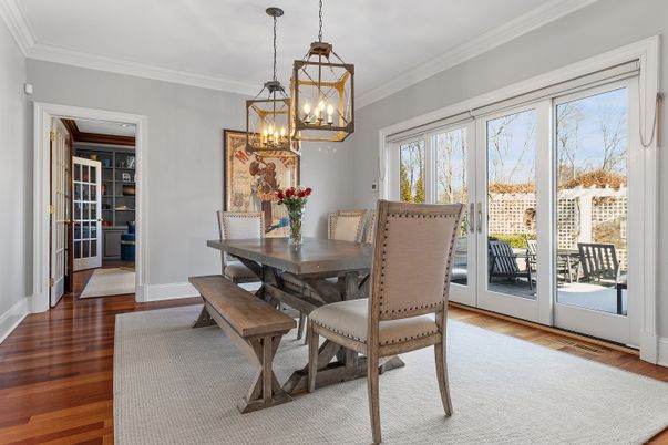 Dining room, Interior, Pendant Lights, Wood Texture Flooring