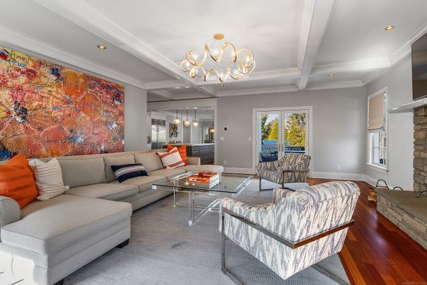 Chandelier, Fireplace, Interior, Living room, Pendant Lights, Recessed Lighting, Wood Texture Flooring