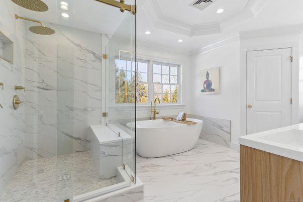 Bathroom, Free Standing Baths, Glass Shower, Interior, Marble, Marble Walls, Recessed Lighting