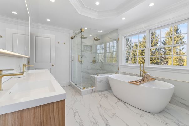 Bathroom, Dual Sink Vanities, Free Standing Baths, Glass Shower, Interior, Marble, Marble Walls, Recessed Lighting
