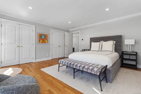 Bedroom, Interior, Recessed Lighting, Wood Texture Flooring