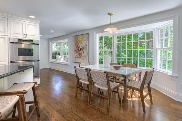 Dining room, Interior, Kitchen, Pendant Lights, Recessed Lighting, Stainless Steel Appliances, Wood Texture Flooring
