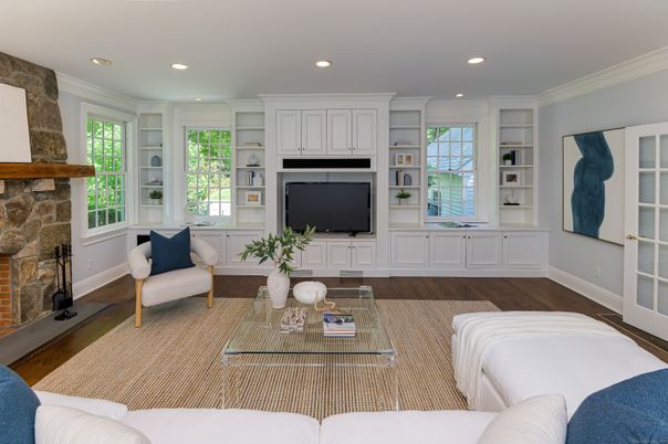 Fireplace, Interior, Living room, Recessed Lighting, Stone Walls, Wood Texture Flooring