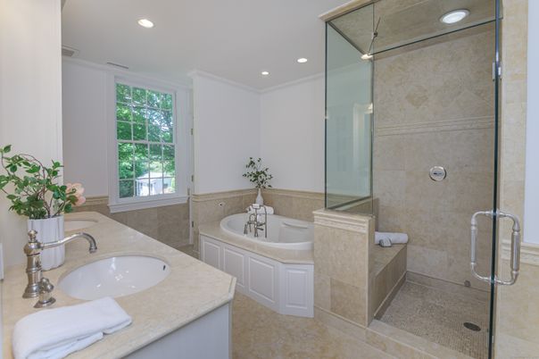 Bathroom, Dual Sink Vanities, Glass Shower, Interior, Recessed Lighting