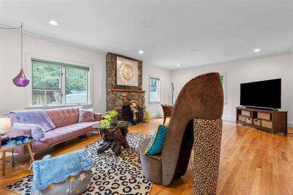 Fireplace, Interior, Living room, Recessed Lighting, Wood Texture Flooring