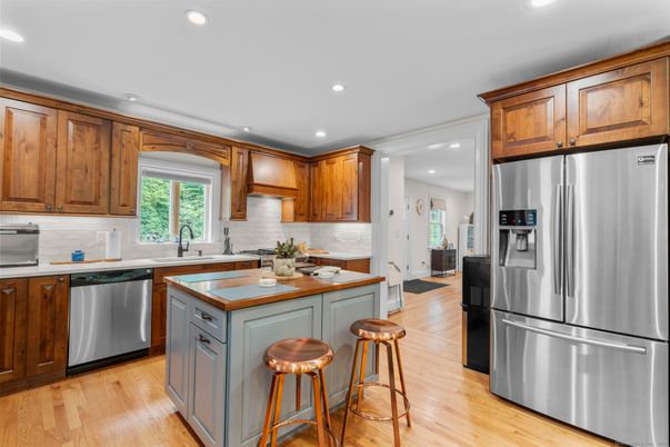 Interior, Kitchen, Recessed Lighting, Stainless Steel Appliances, Wood Texture Flooring