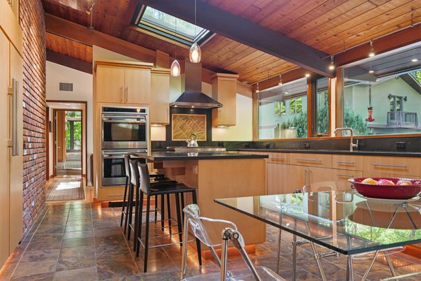 Dining room, Interior, Kitchen, Pendant Lights, Stainless Steel Appliances, Stone Walls, Wooden Beams, Wooden Ceilings