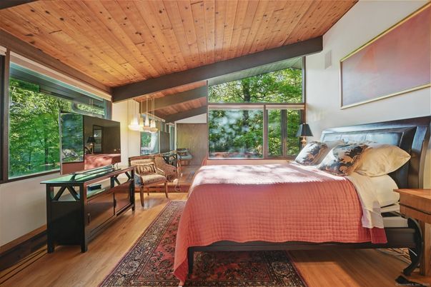 Bedroom, Interior, Pendant Lights, Wooden Ceilings, Wood Texture Flooring