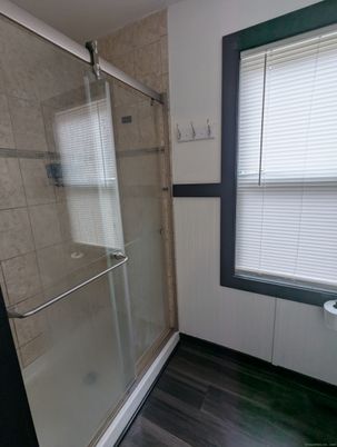 Bathroom, Glass Shower, Interior, Wood Texture Flooring