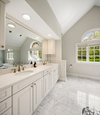 Bathroom, Dual Sink Vanities, Interior, Marble, Recessed Lighting