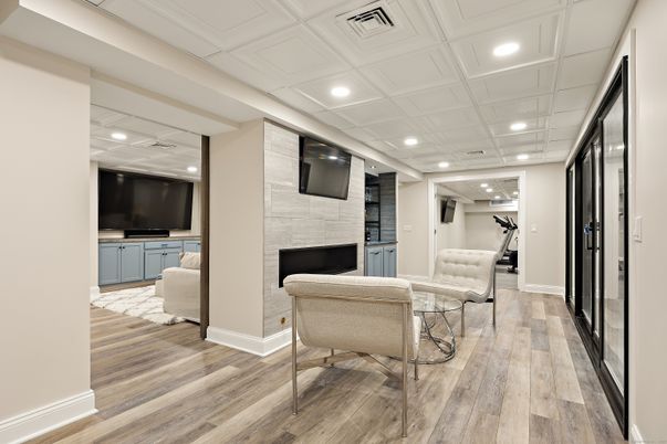 Fireplace, Home Office, Interior, Recessed Lighting, Stone Walls, Wood Texture Flooring
