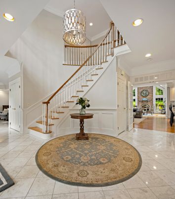 Chandelier, Fireplace, Interior, Marble, Recessed Lighting, Wood Texture Flooring