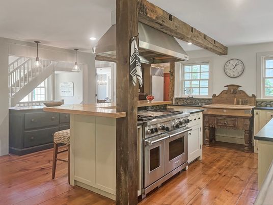 Interior, Kitchen, Pendant Lights, Recessed Lighting, Stainless Steel Appliances, Wooden Beams, Wood Texture Flooring