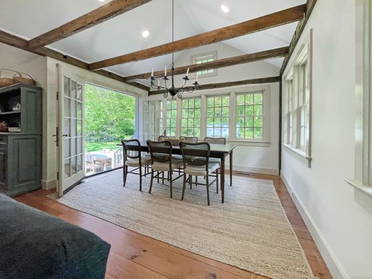 Dining room, Interior, Pendant Lights, Recessed Lighting, Wooden Beams, Wood Texture Flooring