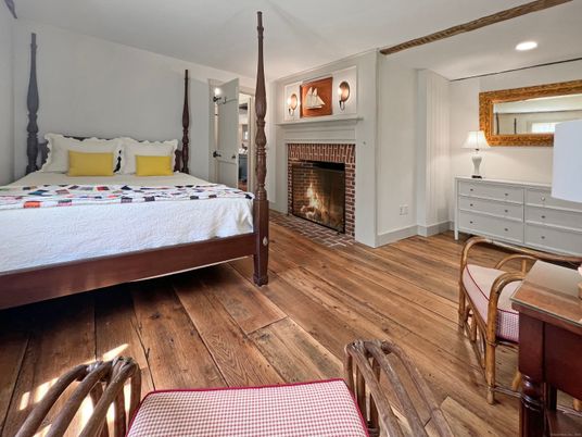 Bedroom, Fireplace, Interior, Recessed Lighting, Wood Texture Flooring