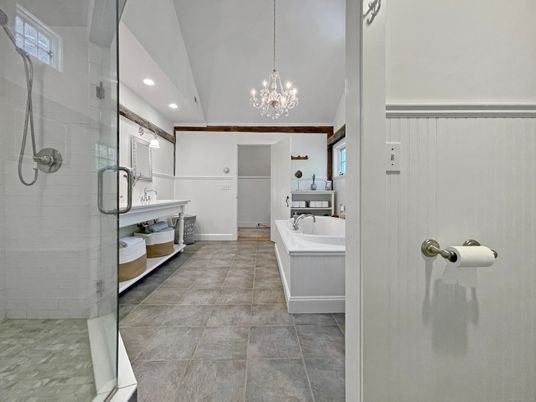 Bathroom, Dual Sink Vanities, Glass Shower, Interior, Pendant Lights, Recessed Lighting