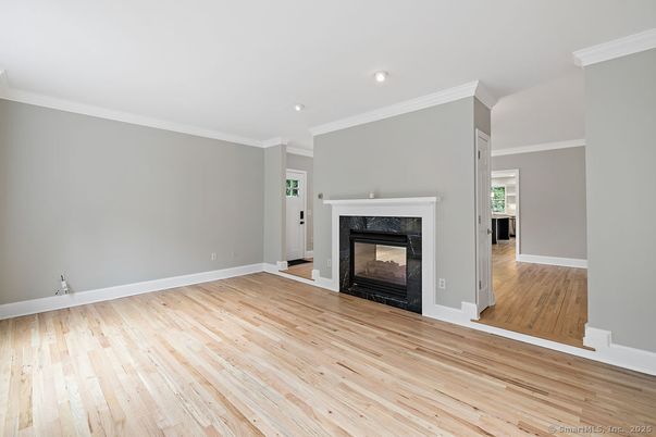 Empty room, Fireplace, Interior, Recessed Lighting, Wood Texture Flooring