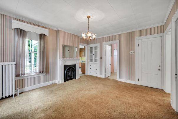 Chandelier, Empty room, Fireplace, Interior