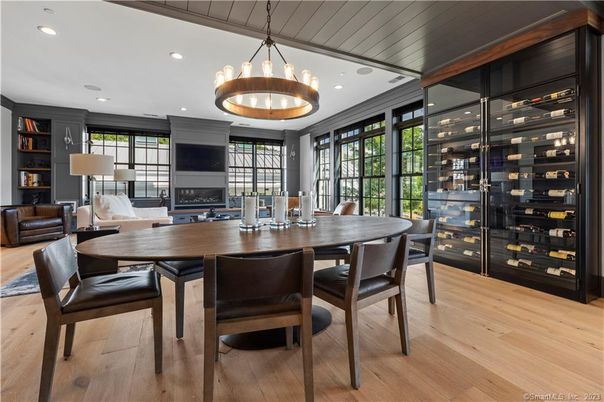 Dining room, Fireplace, Interior, Pendant Lights, Recessed Lighting, Wood Texture Flooring