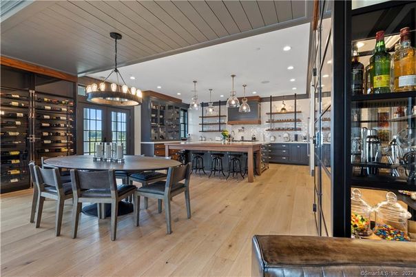 Dining room, Interior, Kitchen, Pendant Lights, Recessed Lighting, Wood Texture Flooring