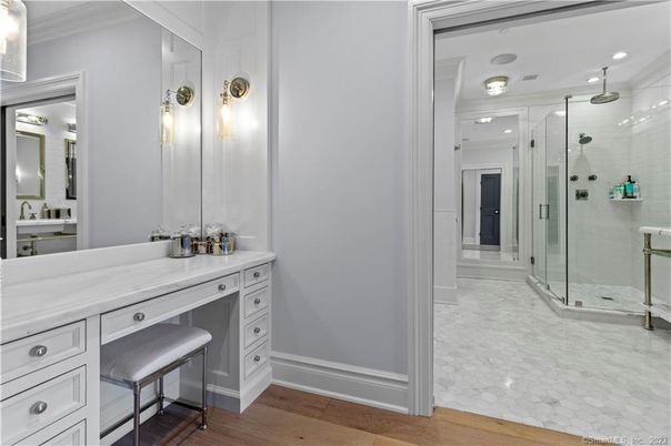 Bathroom, Glass Shower, Interior, Recessed Lighting, Wood Texture Flooring