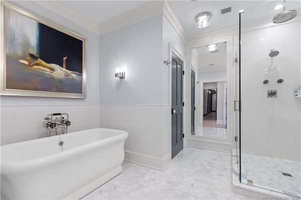 Bathroom, Free Standing Baths, Glass Shower, Interior, Marble, Recessed Lighting