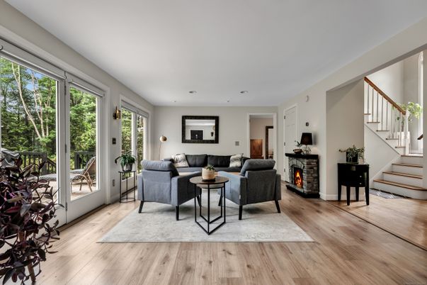 Fireplace, Interior, Living room, Recessed Lighting, Wood Texture Flooring