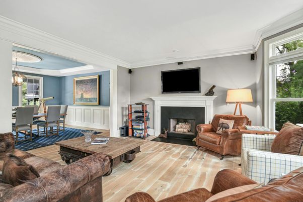 Dining room, Fireplace, Interior, Living room, Pendant Lights, Wood Texture Flooring