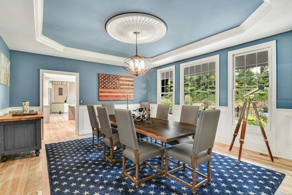Dining room, Interior, Pendant Lights, Wood Texture Flooring