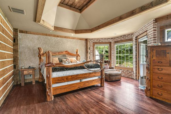 Bedroom, Interior, Recessed Lighting, Stone Walls, Wood Texture Flooring