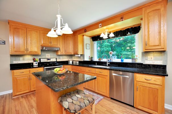 Interior, Kitchen, Pendant Lights, Stainless Steel Appliances, Wood Texture Flooring