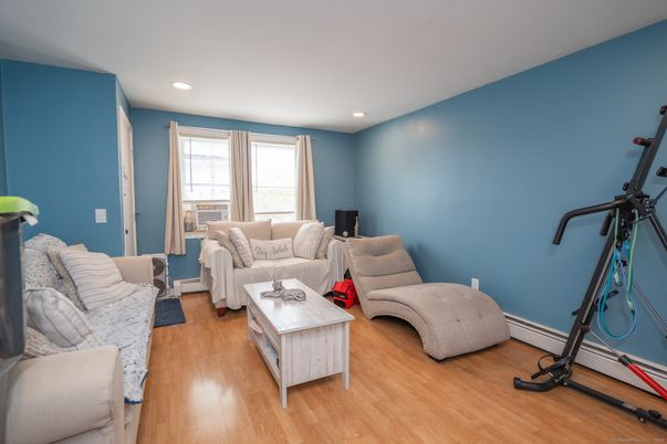 Fitness Equipment, Interior, Living room, Recessed Lighting, Wood Texture Flooring