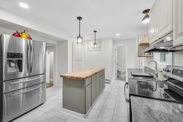 Interior, Kitchen, Marble, Pendant Lights, Recessed Lighting, Stainless Steel Appliances