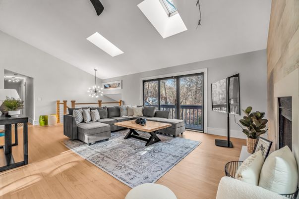 Fireplace, Interior, Living room, Pendant Lights, Wood Texture Flooring