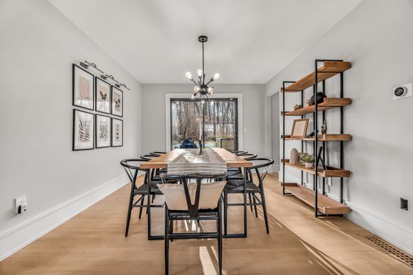 Dining room, Interior, Pendant Lights, Wood Texture Flooring