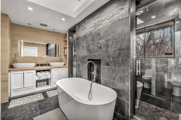 Bathroom, Dual Sink Vanities, Free Standing Baths, Glass Shower, Interior, Recessed Lighting, Wooden Walls