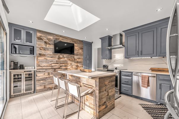 Interior, Kitchen, Recessed Lighting, Stainless Steel Appliances, Wood Texture Flooring, Wooden Walls