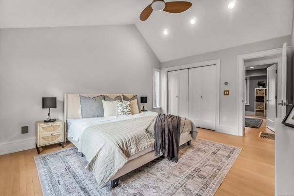 Bedroom, Interior, Recessed Lighting, Wood Texture Flooring