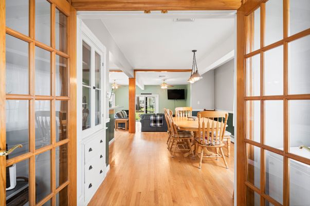 Dining room, Interior, Pendant Lights, Wood Texture Flooring