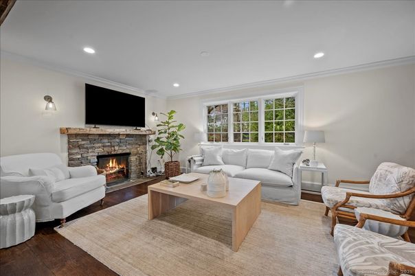 Fireplace, Interior, Living room, Recessed Lighting, Wood Texture Flooring